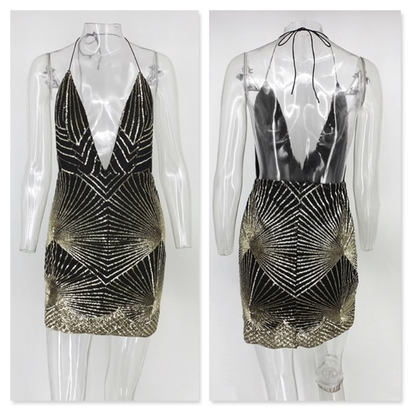 Plunging V-Neck Backless Sequin Mini Dress Black - Picture 5 of 15